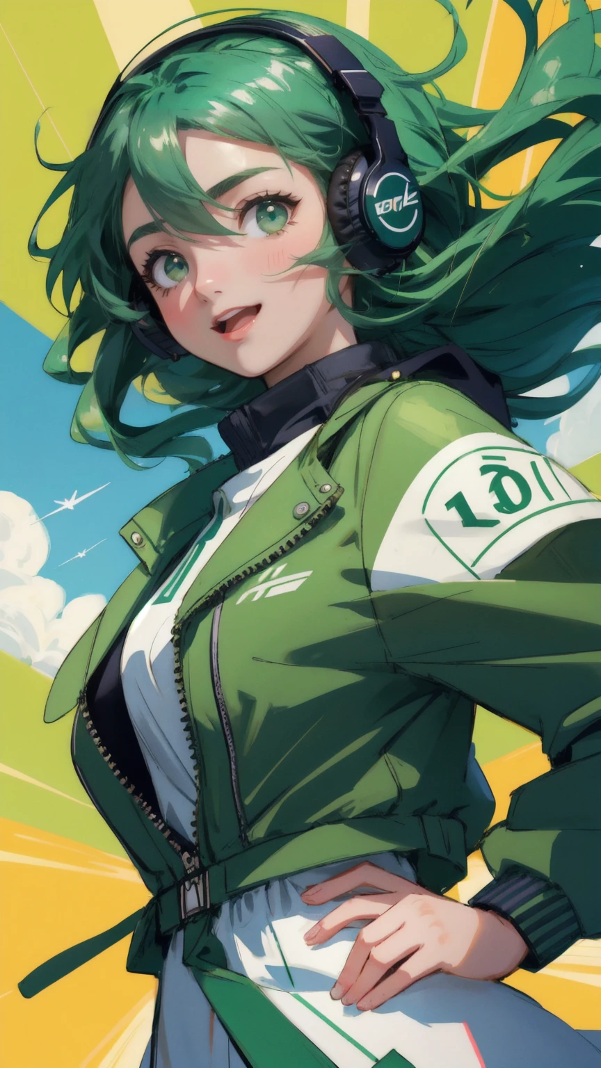 "A dynamic anime-style illustration featuring a young girl with big expressive eyes, wearing headphones and a pilot jacket, flying out of a vintage green aircraft. The scene is set in motion, with the aircraft soaring through a vivid green background. The girl is energetically holding a microphone, with her hair flowing in the wind and a determined, joyful expression on her face. The background is a green sky filled with stylized clouds and subtle speed lines to depict motion, creating a sense of excitement and energy. The image should be colorful and dynamic, emphasizing the 'Announcement of Announcement' theme without any text.