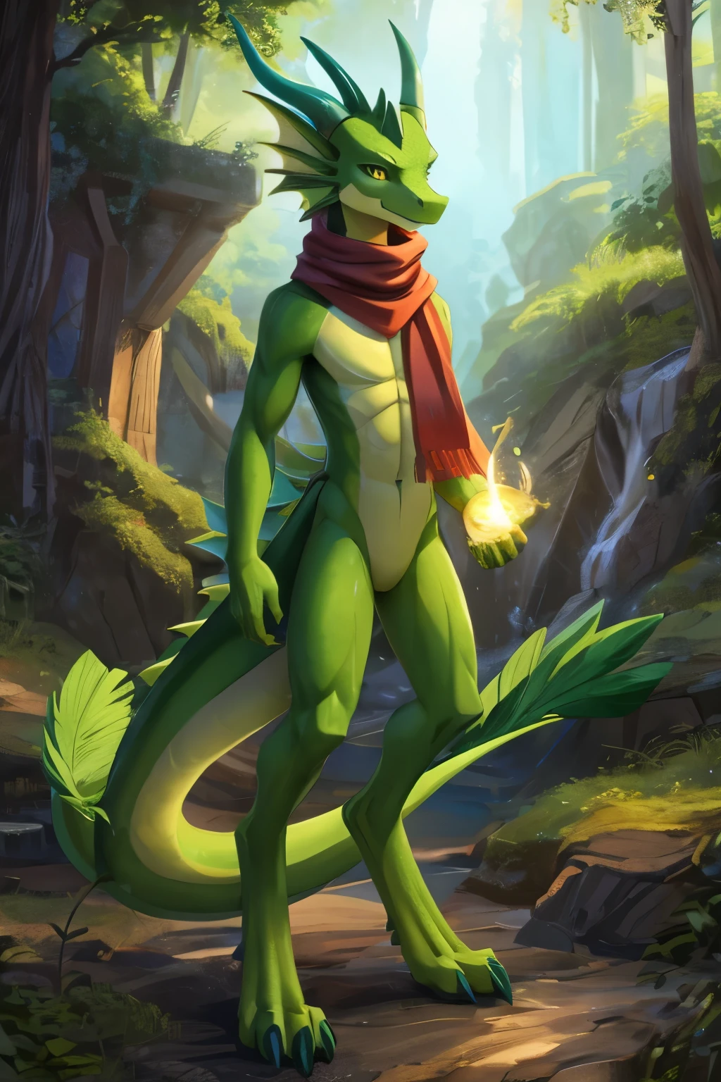 (anime), (front facing), (looking at the camera), slim furry green and lime dragon using old magic, green main body color, smooth skin, very long muzzle, neck and tail fur, digitigrade, creative horns, feathers, gradients, (wearing only a scarf), nature background, full body