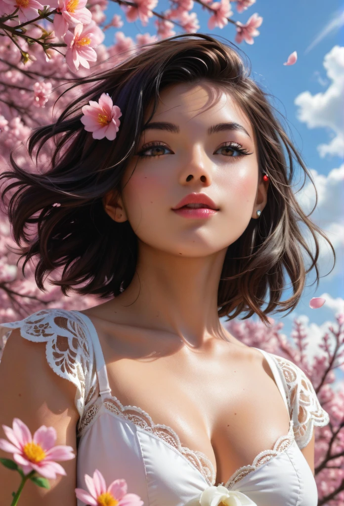 Watase Seizo style, whole body,Low Angle, logic, Simple line initials,Abstract art,Countryside Background, (((The most beautiful woman))), Lips in Love, walk, Colorful flowers, colorful, Filled with love