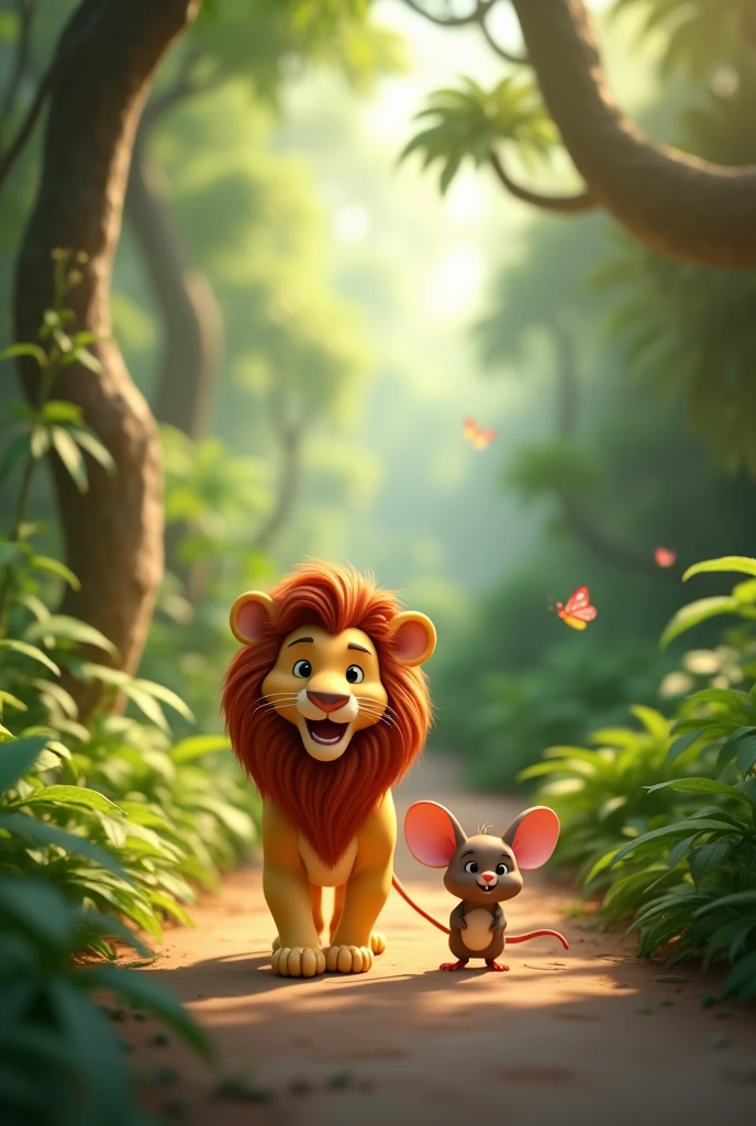 in Cinematic 3d cartoon style "• Friends in the Jungle: The lion and mouse together, strolling happily through the jungle, symbolizing their new-found friendship.