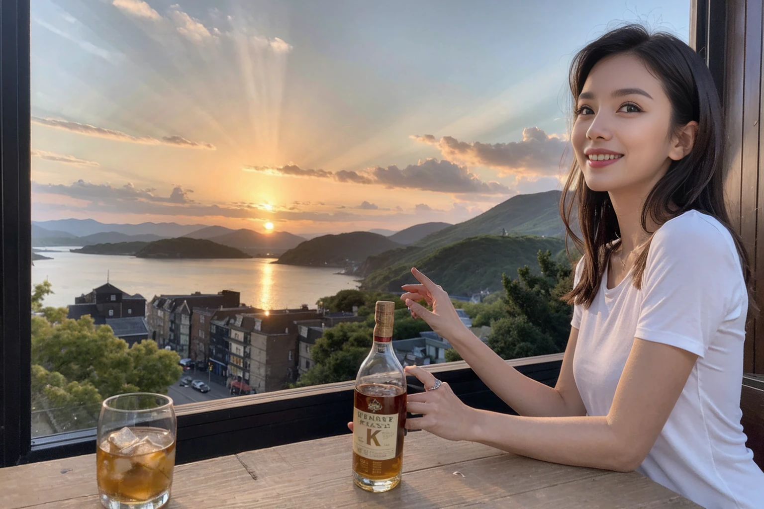 ((Highest quality、8k、masterpiece:1.3))、Whiskey bottles、The Macallan、Joni Black、Old Parr、whiskey、Suntory、Nikka、Slim Couple、modelカップル、(Realistic, Intricate details:1.2), full-course dinner、Whiskey bottle and glass on the table、Single Malt、scotch、Rocks glass、Shot Glass、On the rock、Scotland、Amazing view of the sunset sky and clouds、A bright smile、Short sleeve shirt、dress、 (Age 44), 3,Two beauties、Brown Hair、Shortcuts、 actress, model, Upper Body,