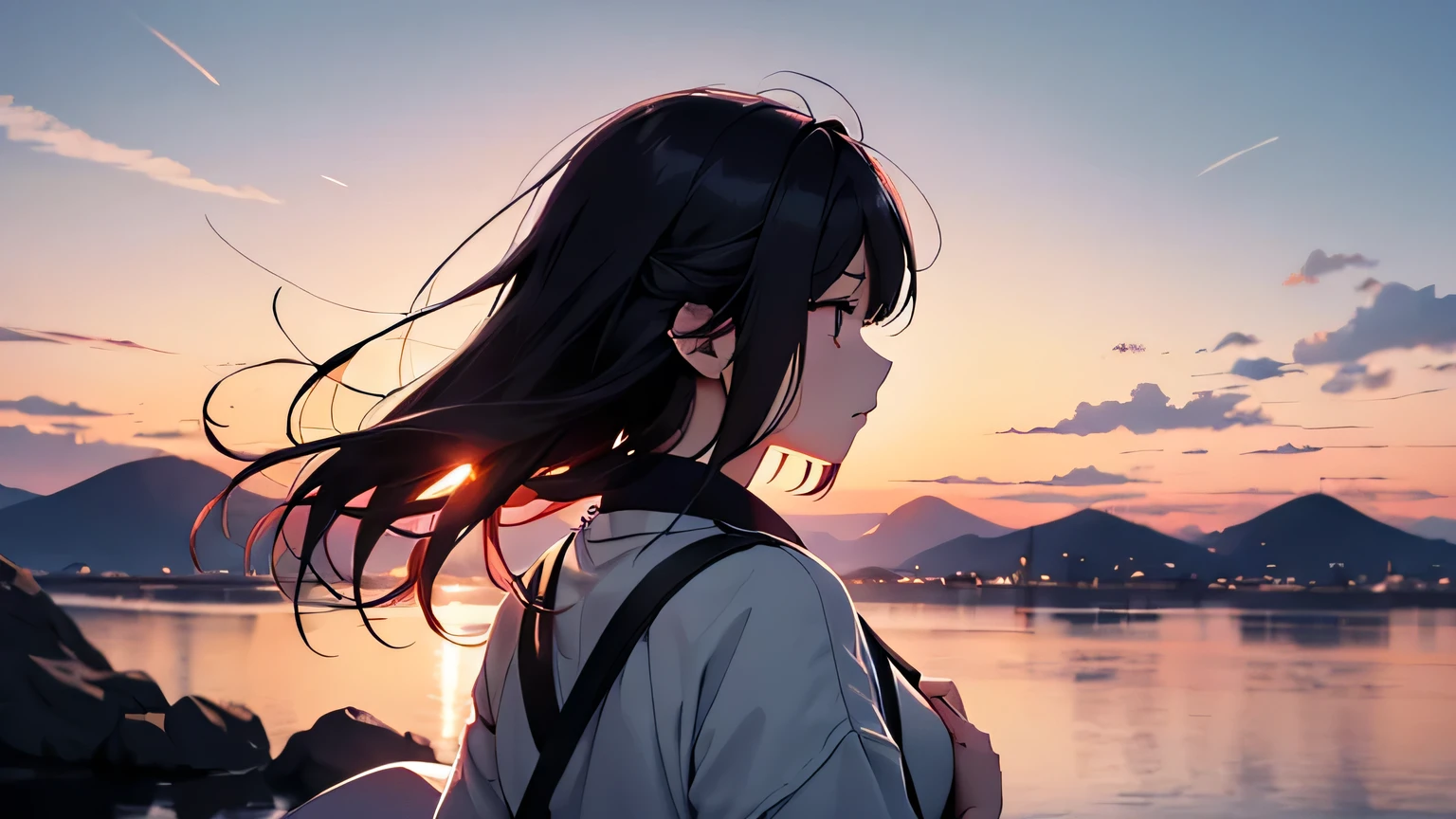 theme: Female back view character in the twilight: A woman in anime style is depicted from behind.、Her hair and clothes are blowing in the wind。She has a calm and relaxed appearance、Wrapped in the light of twilight。
background: The scenery at dusk spreads out、The sky is orange、pink、It is dyed in a soft gradation of purple.。The light of the evening illuminates the horizon、Creates a fantastic atmosphere。
Farbe: Based on the warm tones of dusk、Expressing the gradual change in color of the sky and clouds。The character silhouette is soft.、Make it match the background light。
Natural elements: A hazy mountain in the distance々or tree々Draw the silhouette of、Enhances the calm atmosphere of twilight。There is a faint light floating around the character.、Emphasizing a fantastical atmosphere。
Art Style: With a clear and subtle anime style、The characters and background are well drawn.、A design that accentuates the serene beauty of twilight。