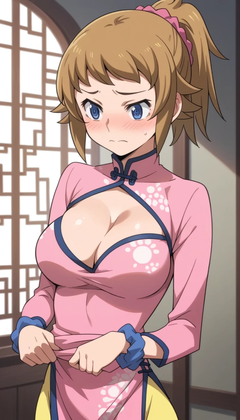 Score 9, Score 8 up, Score 7 up, The rating is questionable,
Detailed Background, Shiny skin,Fumina Hoshino, blue eyes, Brown Hair, ponytail, Scrunchie,one woman,chinese dress,lift up skirt,cleavage between breasts,boobs,large breasts,short of a person,whole body,thin,embarrassed,love hotel,anime style,high quality,masterpiece,highly detailed,