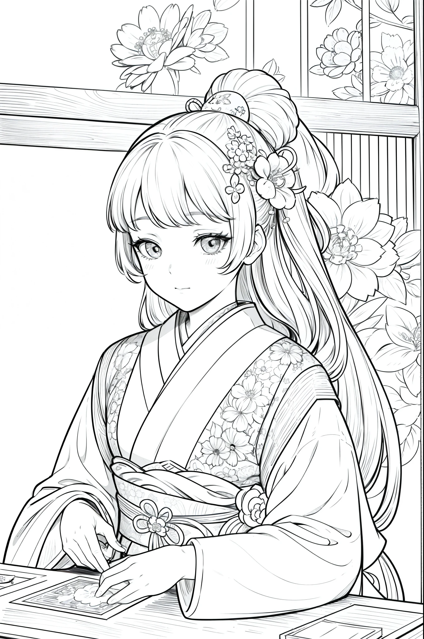 Masterpiece, top class, unique, cute, flower, line drawing background, white background, monochrome, line drawing, ((sketch)), creepy, white eyes, Create a monochrome coloring book that even adults can easily do, A realistic and cute ukiyo-e of a girl in a kimono playing Othello with a tea room with a hanging scroll in the background, an Othello board and stones lined up, conveying Japanese culture.