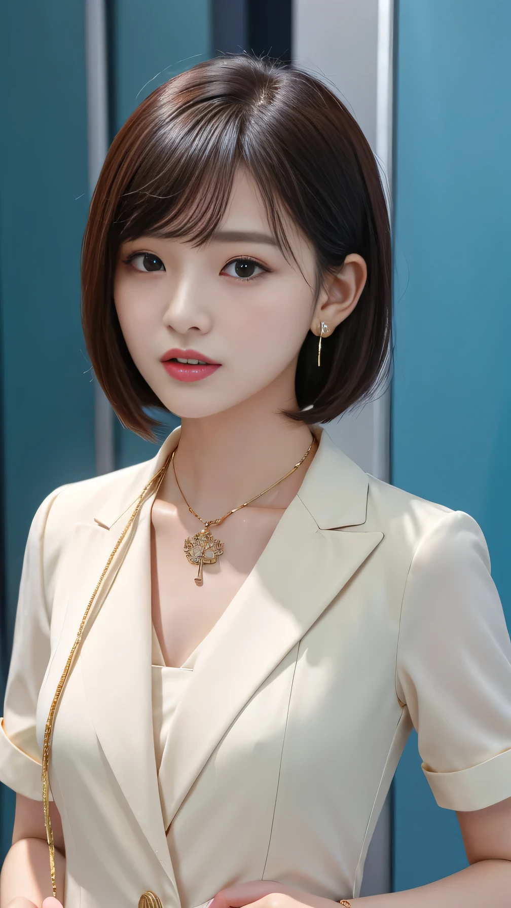 RAW Photos, High resolution, Very detailed, Intricate details, 、ear piercing、Expressionless、short hair、Black Hair、Please open your mouth a little、Clear beauty,(High quality fabric, Office Lady Suits 、Necklace around the neck、, The background is the office
