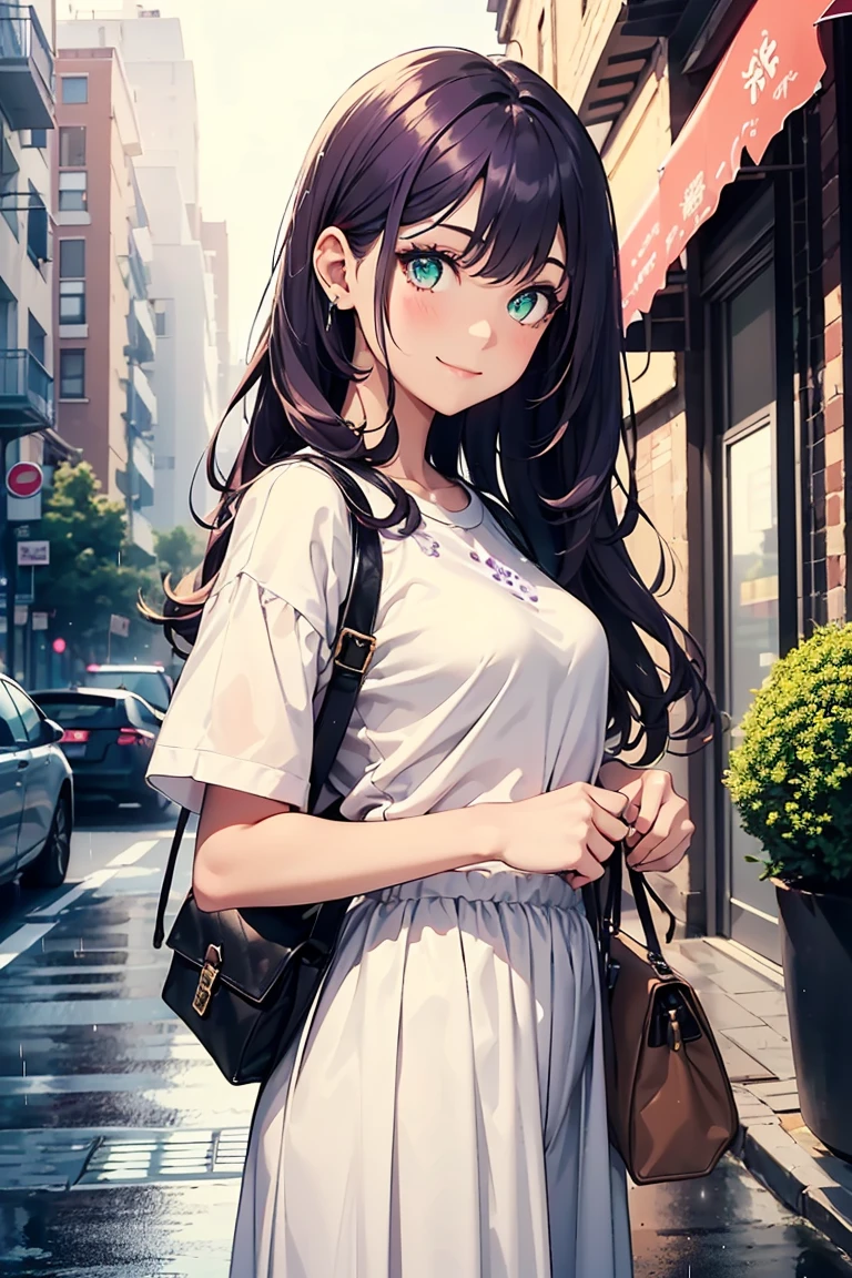 ((1 girl)), Latest Fashion Trends,sit, Hydrangea,rain, Cafe, cute,Light-colored clothing, smile, Pale purple and white outfit, Long skirt, Street fashion,Cowboy Shot,((Very detailed,Highest quality, High resolution, 8k wallpaper, Beautiful clothes,)),((Dark purple hair, Long Hair,Straight hair)) ,(glowing green eyes),eye shadow, eyeliner,Glowing Eyes, Very detailed目, (Beautiful eyes with highlights), 1 girl.
