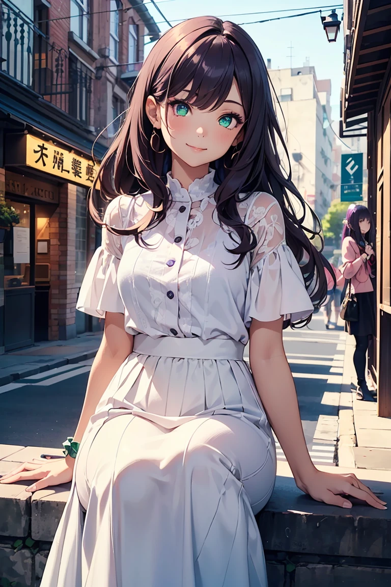 ((1 girl)), Latest Fashion Trends,sit, Hydrangea,rain, Cafe, cute,Light-colored clothing, smile, Pale purple and white outfit, Long skirt, Street fashion,Cowboy Shot,((Very detailed,Highest quality, High resolution, 8k wallpaper, Beautiful clothes,)),((Dark purple hair, Long Hair,Straight hair)) ,(glowing green eyes),eye shadow, eyeliner,Glowing Eyes, Very detailed目, (Beautiful eyes with highlights), 1 girl.