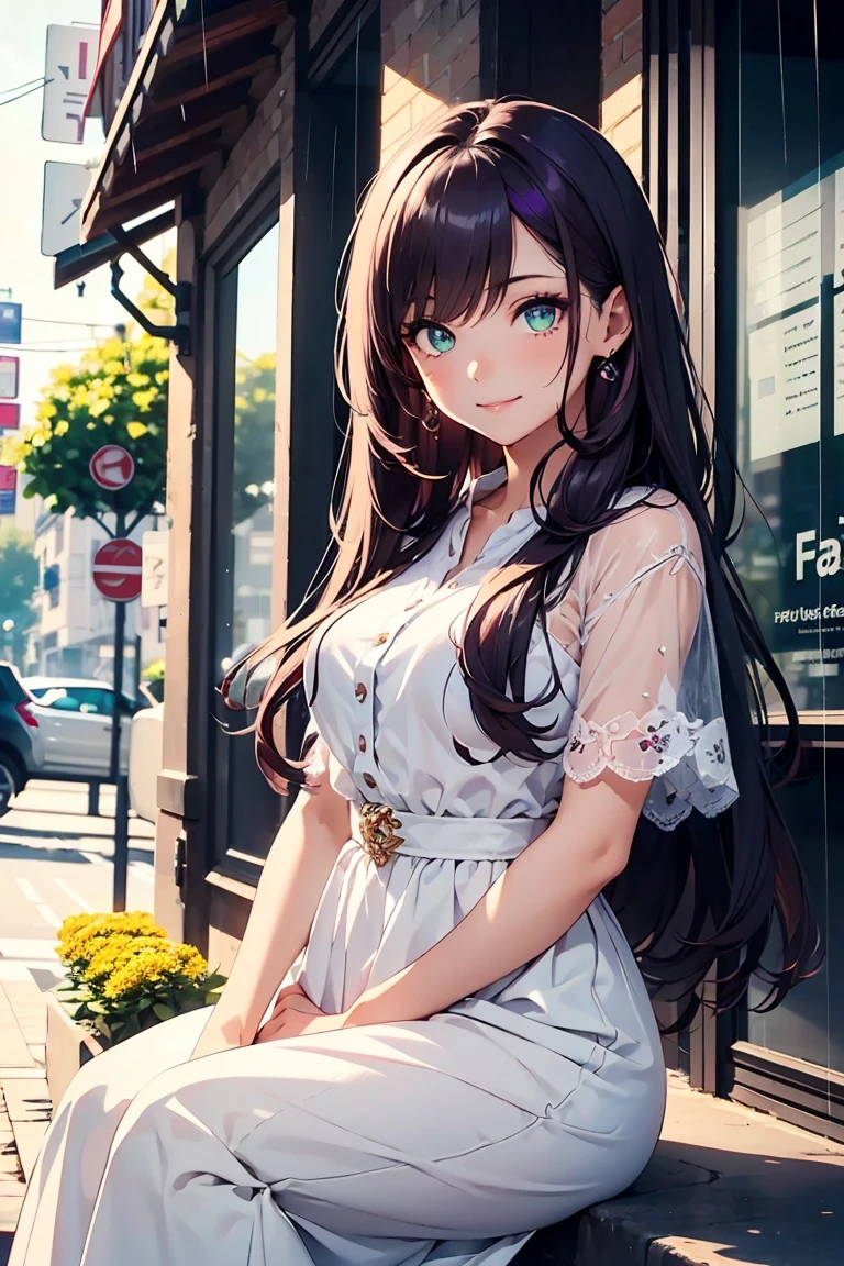 ((1 girl)), Latest Fashion Trends,sit, Hydrangea,rain, Cafe, cute,Light-colored clothing, smile, Pale purple and white outfit, Long skirt, Street fashion,Cowboy Shot,((Very detailed,Highest quality, High resolution, 8k wallpaper, Beautiful clothes,)),((Dark purple hair, Long Hair,Straight hair)) ,(glowing green eyes),eye shadow, eyeliner,Glowing Eyes, Very detailed目, (Beautiful eyes with highlights), 1 girl.