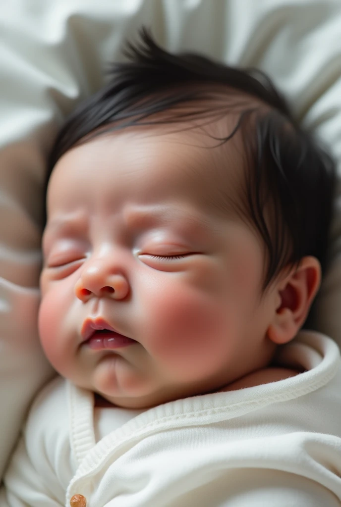 A proper and proportionate newborn nasal. Well-defined lips in cross-sections and coronas, mental region with normal dimensions and adequate mandibular ossification, apparently intact bony palate. Orbits with normal spherical shapes. The baby is lying in bed with eyes closed and has dark hair
