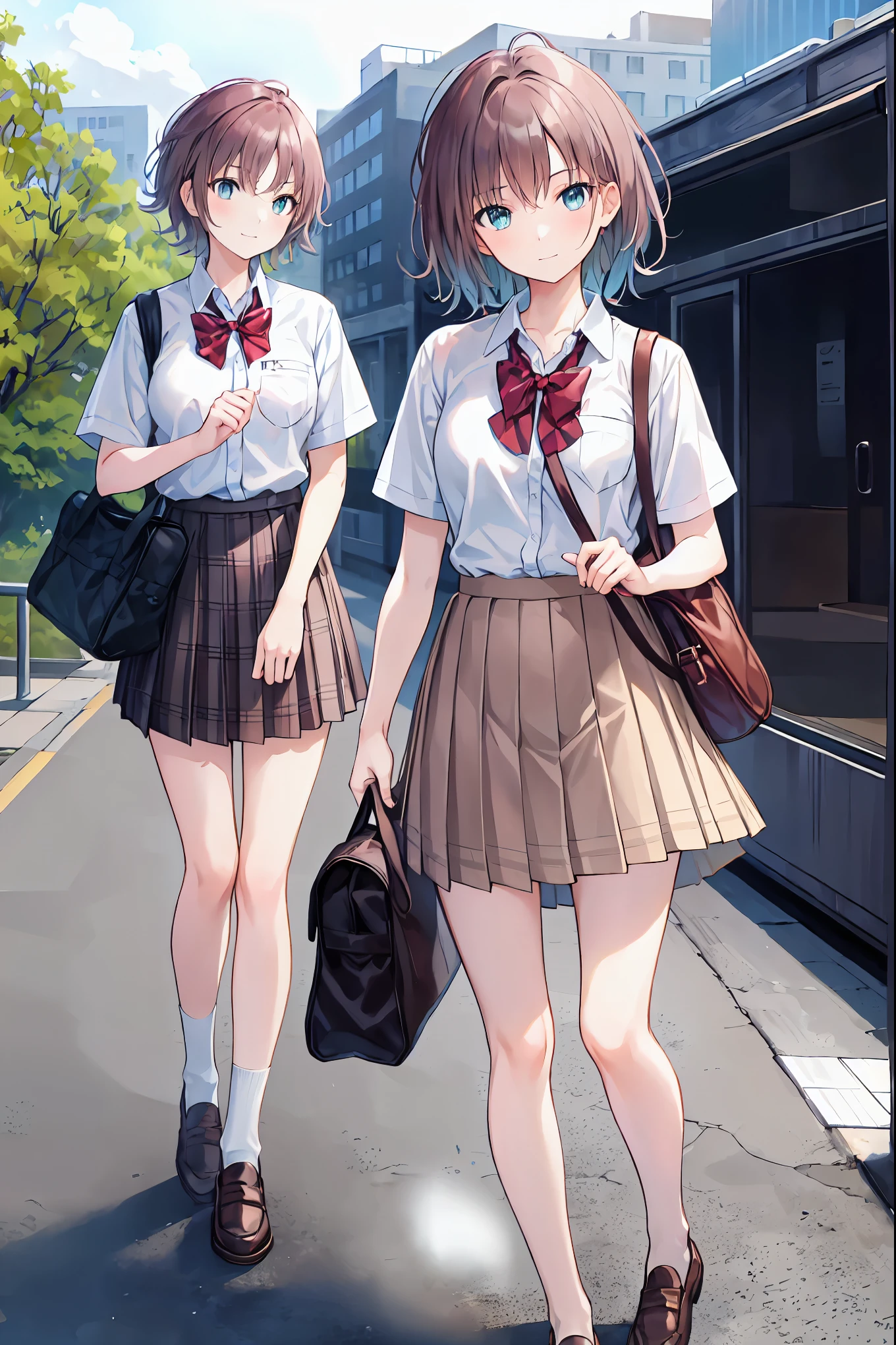 Brown Hair，Shortcuts，Messy Hair，Slender beauty，A dignified posture，Small chest，Beautiful feet，Long Hair, View your viewers, smile, bangs, blue eyes, Multiple Girls, skirt, Brown Hair, shirt, Black Hair, Short sleeve, Brown eyes,  Long Hair, Are standing, white polo shirt, pleated skirt, Open clothes, shoes, shoes下, Striped, collared shirt, Raise your hand, Three Girls, bag, Knee-high, plaid skirt, Brown footwear, Flying Sweat, loafers, grey skirt, school bag, Diagonal stripes, station