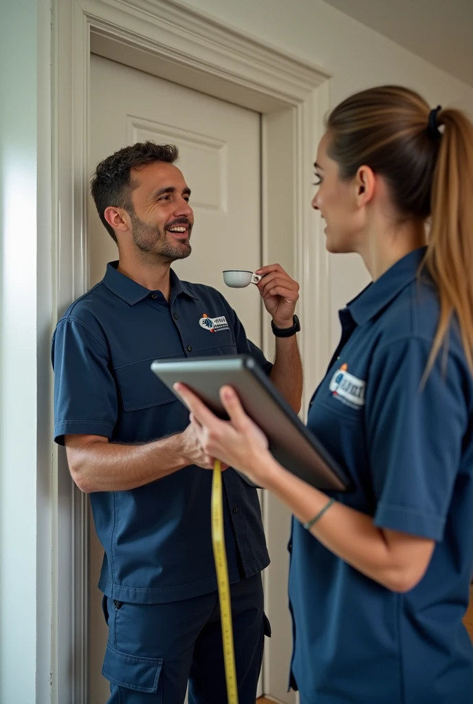 Create a professional and realistic image for an online store that offers door installation and maintenance services, focusing on a site visit for measurement and consultation. The image should depict a skilled consultant or technician visiting a residential home, measuring the doorway with a tape measure, and discussing options with the homeowner. The consultant should be dressed in branded, professional attire, holding a notepad or tablet to take notes and provide recommendations. The setting should be a modern, well-maintained interior, with the focus on the interaction between the consultant and the customer, emphasizing the personalized service. Subtle branding elements, such as logos on the consultant’s uniform or tablet, should be included to reinforce the company’s identity. The overall scene should convey professionalism, expertise, and a customer-focused approach to door installation services.