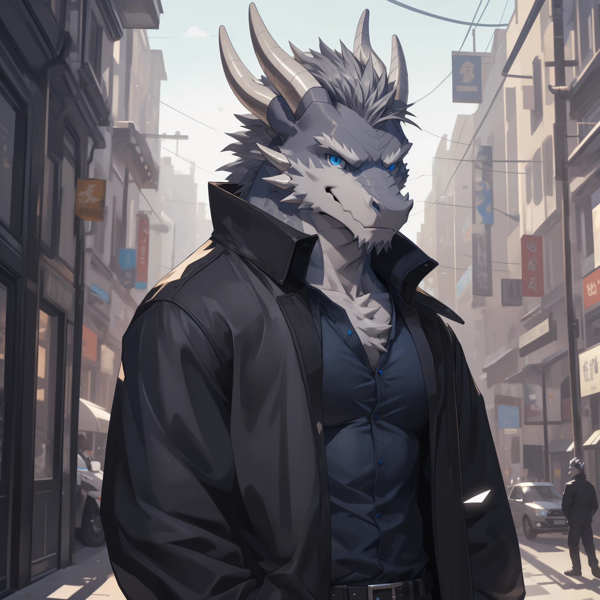 Masterpiece, Solo, (Grey dragon, blue eyes, Medium grey hair, a pair of white horn), Muscular Body, Handsome, Good Looking, Adult, Fierce, Smirking, Black Shirt, Jean, White long Coat, Furry Street Background.