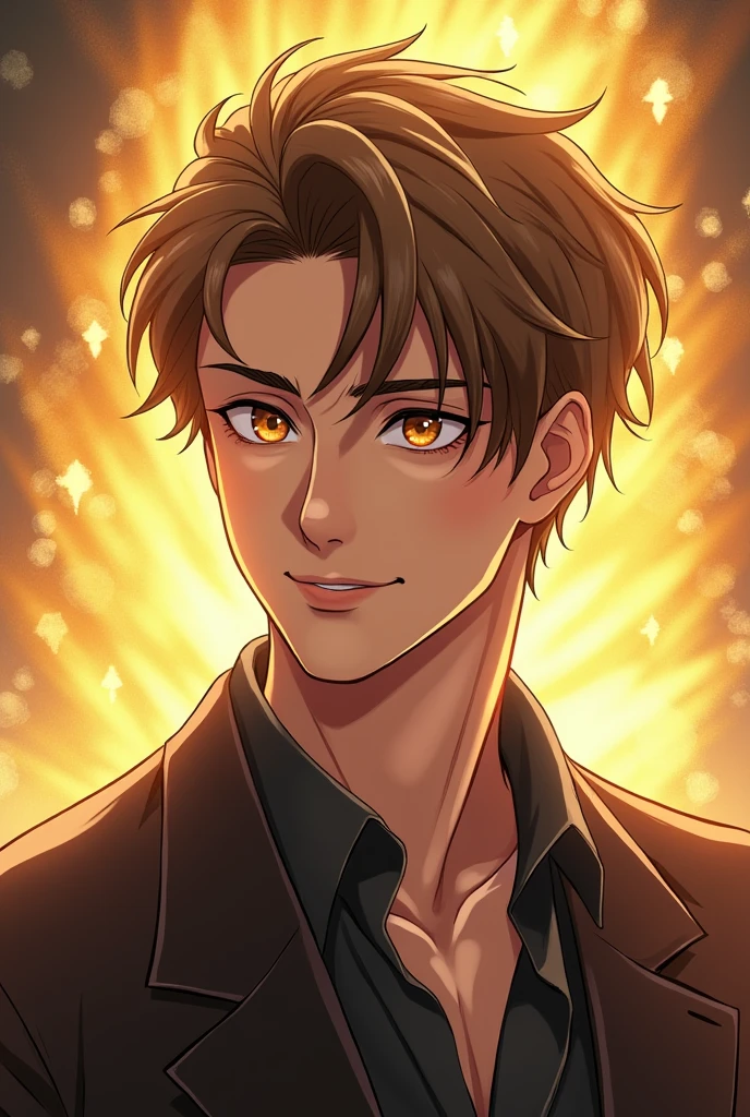 Manhwa style, A young man, Highschool student, maduro, high, elegant, arrogant, smiling, mischievous expression, hair combed to one side, light brown hair and eyes, eyes shining with curiosity, behind him a very subtle transparent magic aura simple transparent with the shape of a bright golden tiger as if it were an alter ego