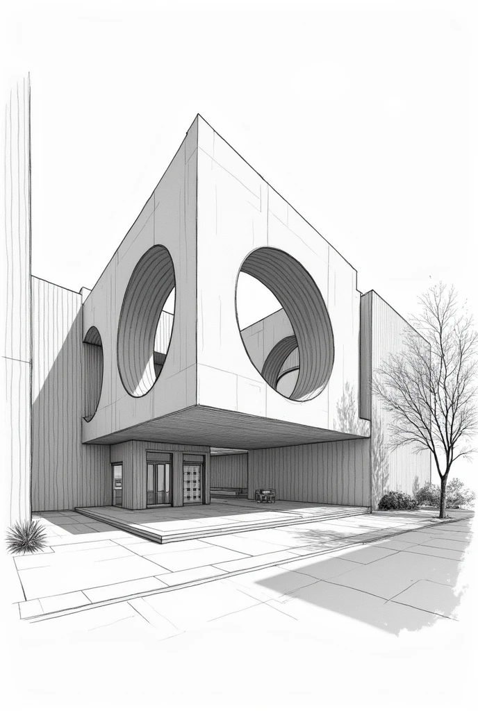 architectural school building sketch with semi circle protractor concept with interior