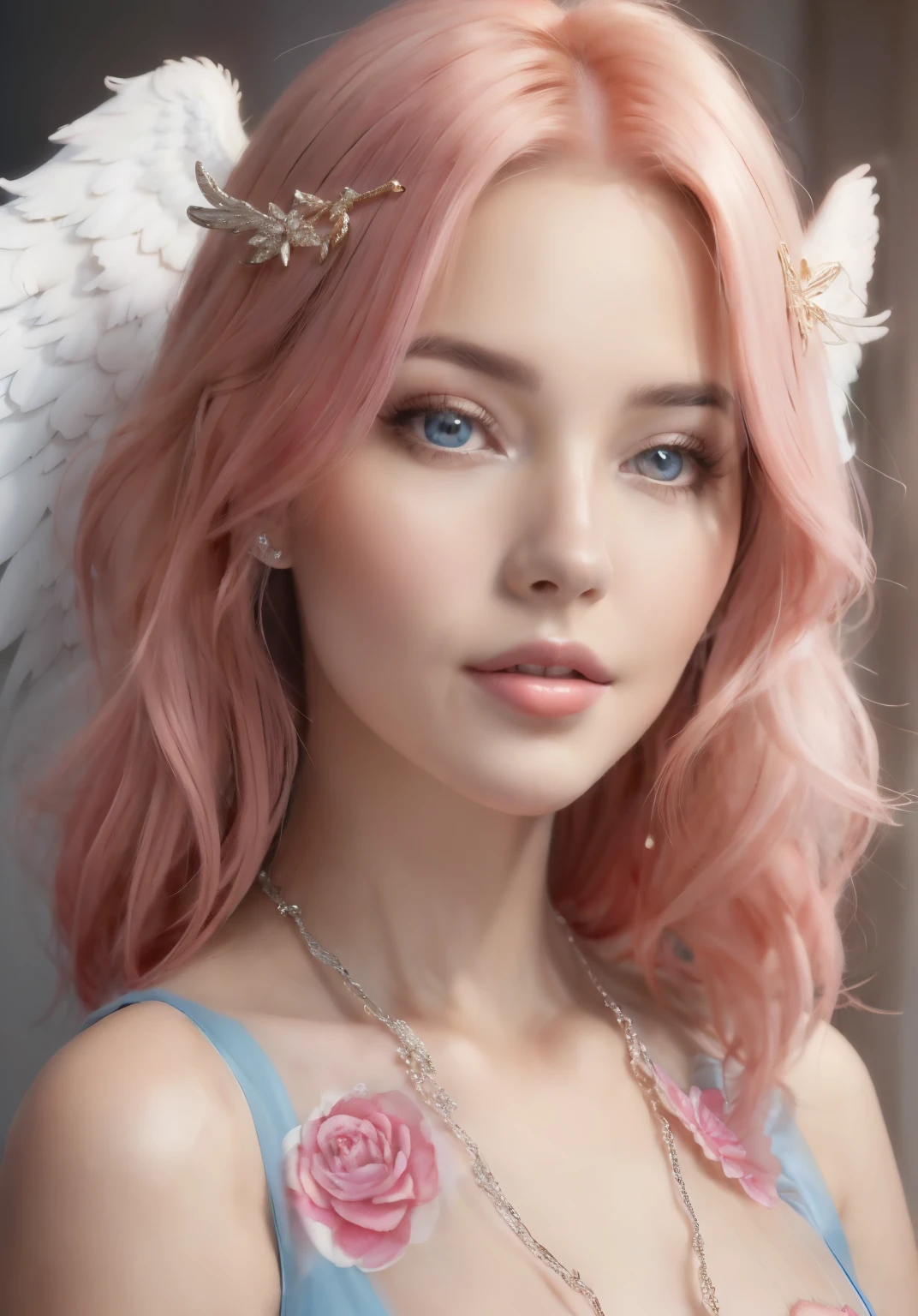 A woman with pink hair, angel wings and C-cup breasts is taking a picture., 8k high quality detail art, of an beautiful Angel Girl, beautiful Angel Girl portrait, cute realistic portrait, portrait of a Beautiful angels, Beautiful angels, Angel Girl, of Beautiful angels, Gwaites style work, Realistic digital art 4k, Realistic digital art 4k