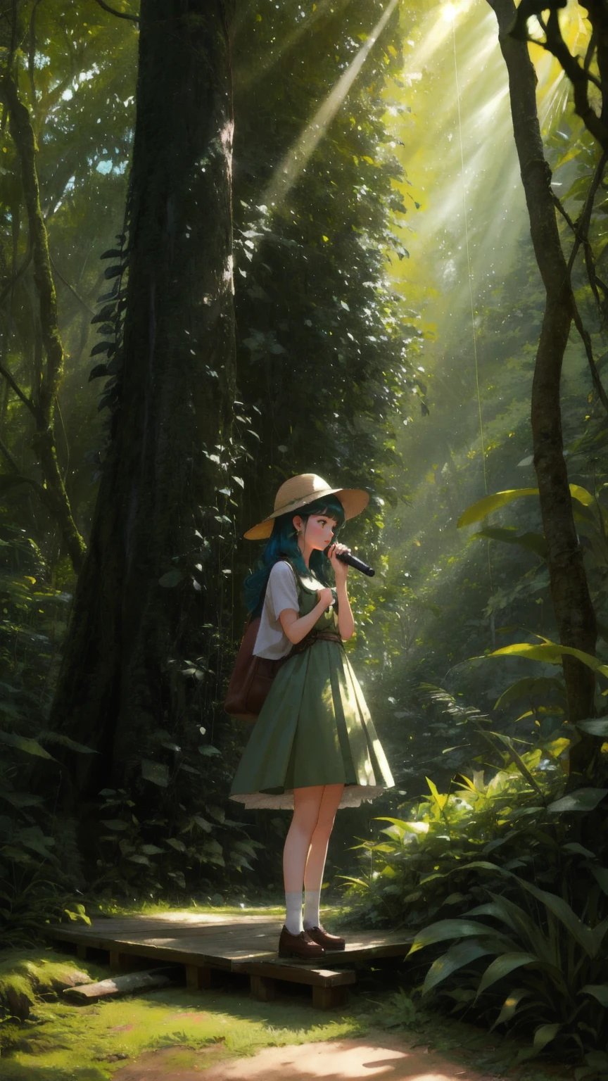Create a vibrant, cartoon-style image featuring a girl character in the center, standing on a wooden platform amidst a lush, green jungle-like environment. The girl is dressed in a whimsical outfit, wearing a hat with a clock-like emblem, with glowing, wide eyes that express surprise and excitement. She holds a classic microphone, standing in front of a vintage-style microphone stand, ready to make an announcement.

The background is filled with thick, twisting tree branches, rich green foliage, and hanging vines that frame the scene, giving it a mystical, forest ambiance. Subtle beams of sunlight filter through the leaves, casting dappled light on the wooden platform. The ground is adorned with small rocks and patches of moss, and in the distance, hints of wooden speakers and more vines create depth and dimension. Ensure the background remains predominantly green to enhance the natural, vibrant jungle setting. The scene should be lively, full of detail, and capture the whimsical and adventurous spirit of the character in a nature-inspired environment.
