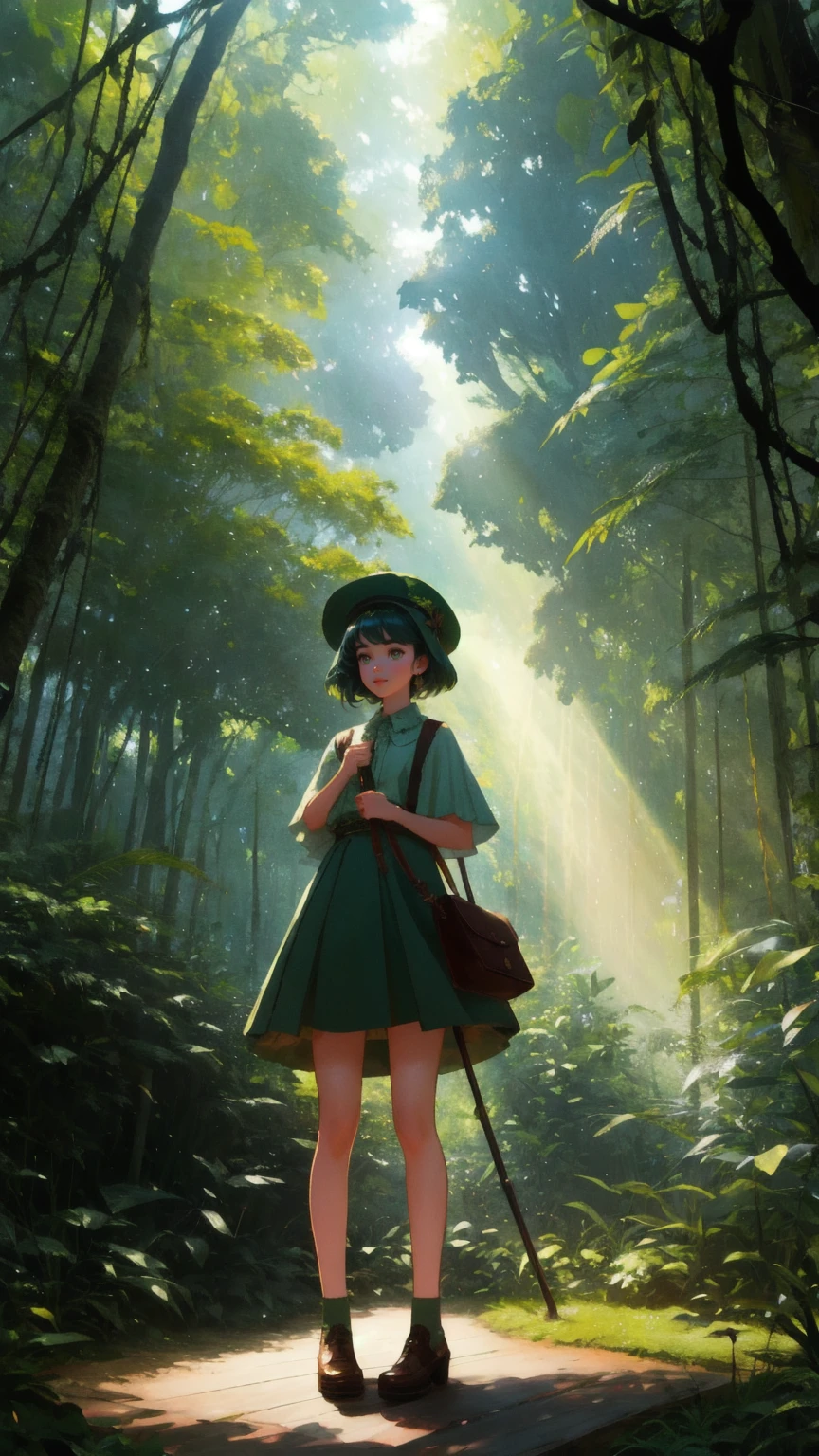 Create a vibrant, cartoon-style image featuring a girl character in the center, standing on a wooden platform amidst a lush, green jungle-like environment. The girl is dressed in a whimsical outfit, wearing a hat with a clock-like emblem, with glowing, wide eyes that express surprise and excitement. She holds a classic microphone, standing in front of a vintage-style microphone stand, ready to make an announcement.
The background is filled with thick, twisting tree branches, rich green foliage, and hanging vines that frame the scene, giving it a mystical, forest ambiance. Subtle beams of sunlight filter through the leaves, casting dappled light on the wooden platform. The ground is adorned with small rocks and patches of moss, and in the distance, hints of wooden speakers and more vines create depth and dimension. Ensure the background remains predominantly green to enhance the natural, vibrant jungle setting. The scene should be lively, full of detail, and capture the whimsical and adventurous spirit of the character in a nature-inspired environment.