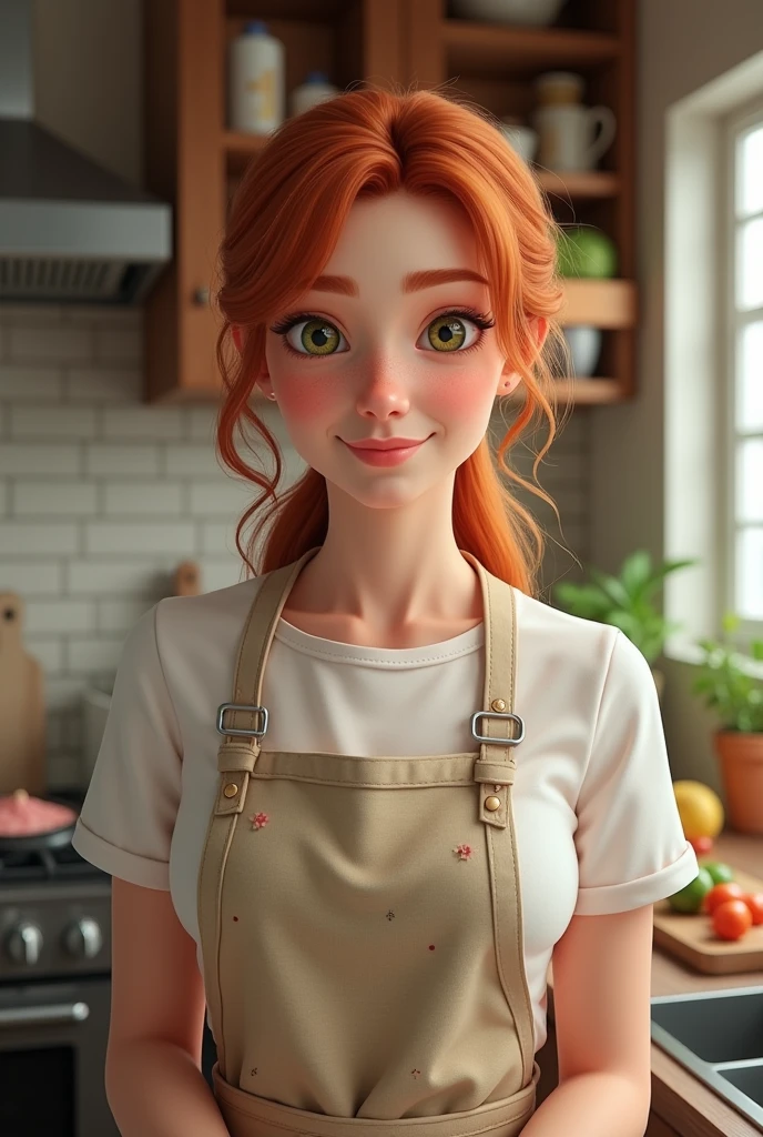 a REAL HUMAN white woman, with medium wavy red hair with an apron, hair tied up and a kitchen as the setting (Photorealism) 