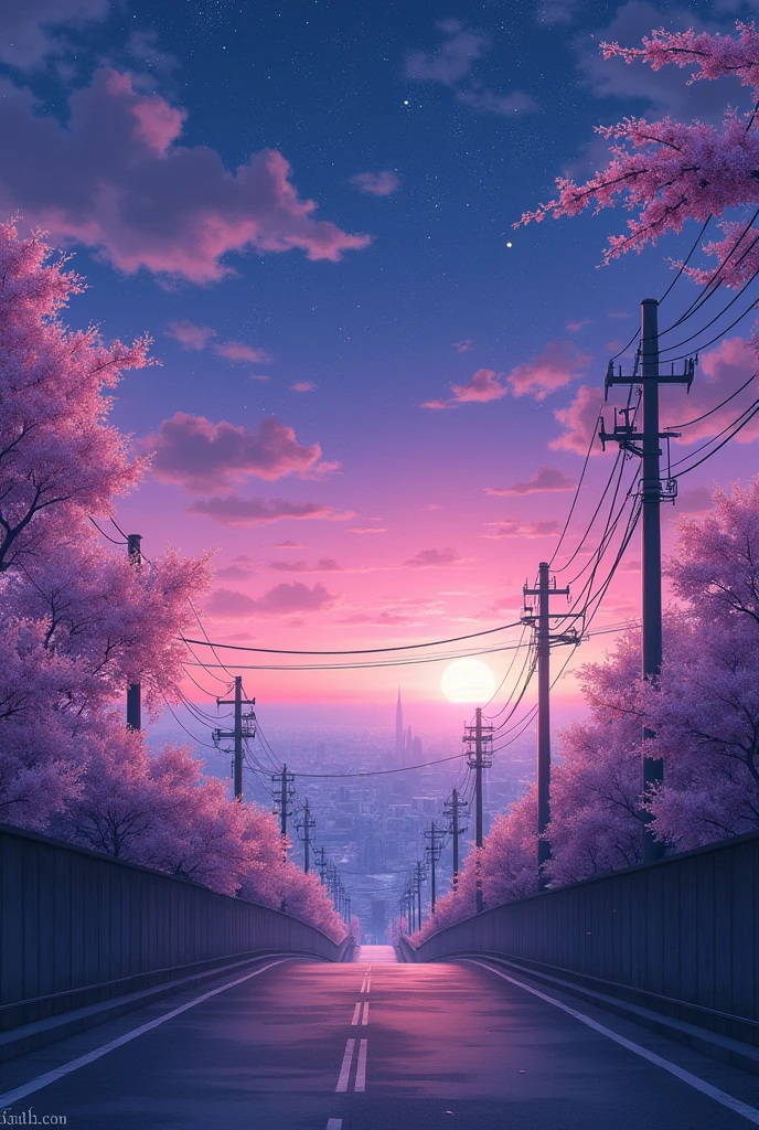 lofi image of a purple pink and blue starry sky a high elevated street and in background cityscape and slight cherry blossoms and petals falling