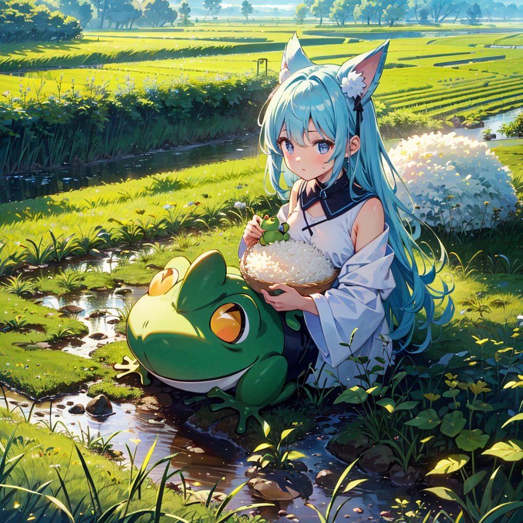 {{{Masterpiece, highest quality, high-resolution background}}}, bright and beautiful atmosphere, 1 girl (, round face, baby face), small breasts, vast rice fields and ripe ears of rice, clothes for working in the fields, a lot A girl holding an ear of rice, a frog hanging from an ear of rice, ``Deltamon_sdXL'':0.73)>Deltamon''