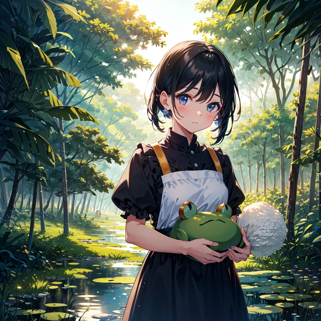 {{{Masterpiece, highest quality, high-resolution background}}}, bright and beautiful atmosphere, 1 girl (, round face, baby face), small breasts, vast rice fields and ripe ears of rice, clothes for working in the fields, a lot A girl holding an ear of rice, a frog hanging from an ear of rice, ``Deltamon_sdXL'':0.73)>Deltamon''