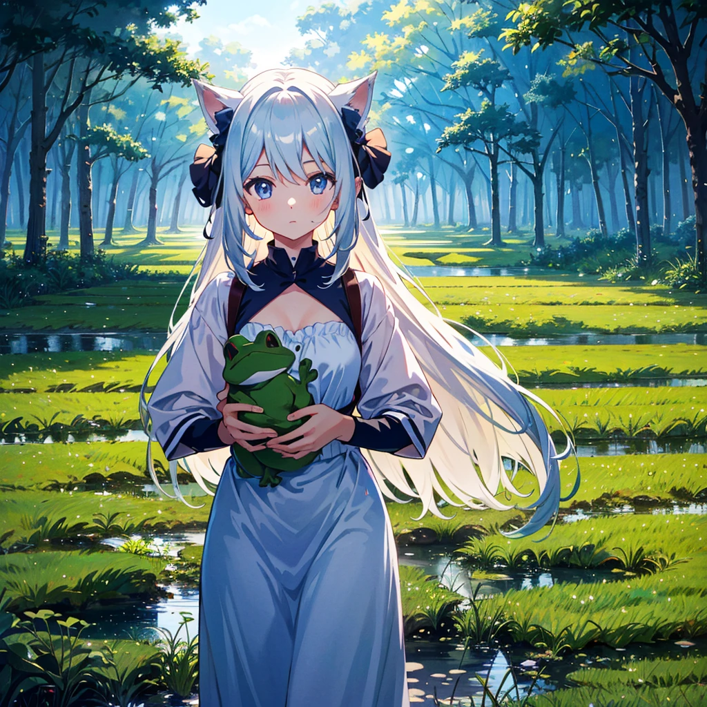 {{{Masterpiece, highest quality, high-resolution background}}}, bright and beautiful atmosphere, 1 girl (, round face, baby face), small breasts, vast rice fields and ripe ears of rice, clothes for working in the fields, a lot A girl holding an ear of rice, a frog hanging from an ear of rice, ``Deltamon_sdXL'':0.73)>Deltamon''