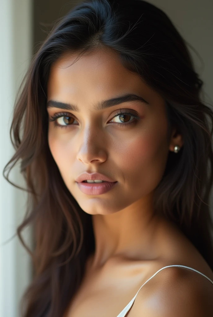 There is a young, Beautiful indian woman, who looks to the future like Katrina Kaif, she stands there and looks into the camera, a portrait from raw photo, front off, looking in the camera
