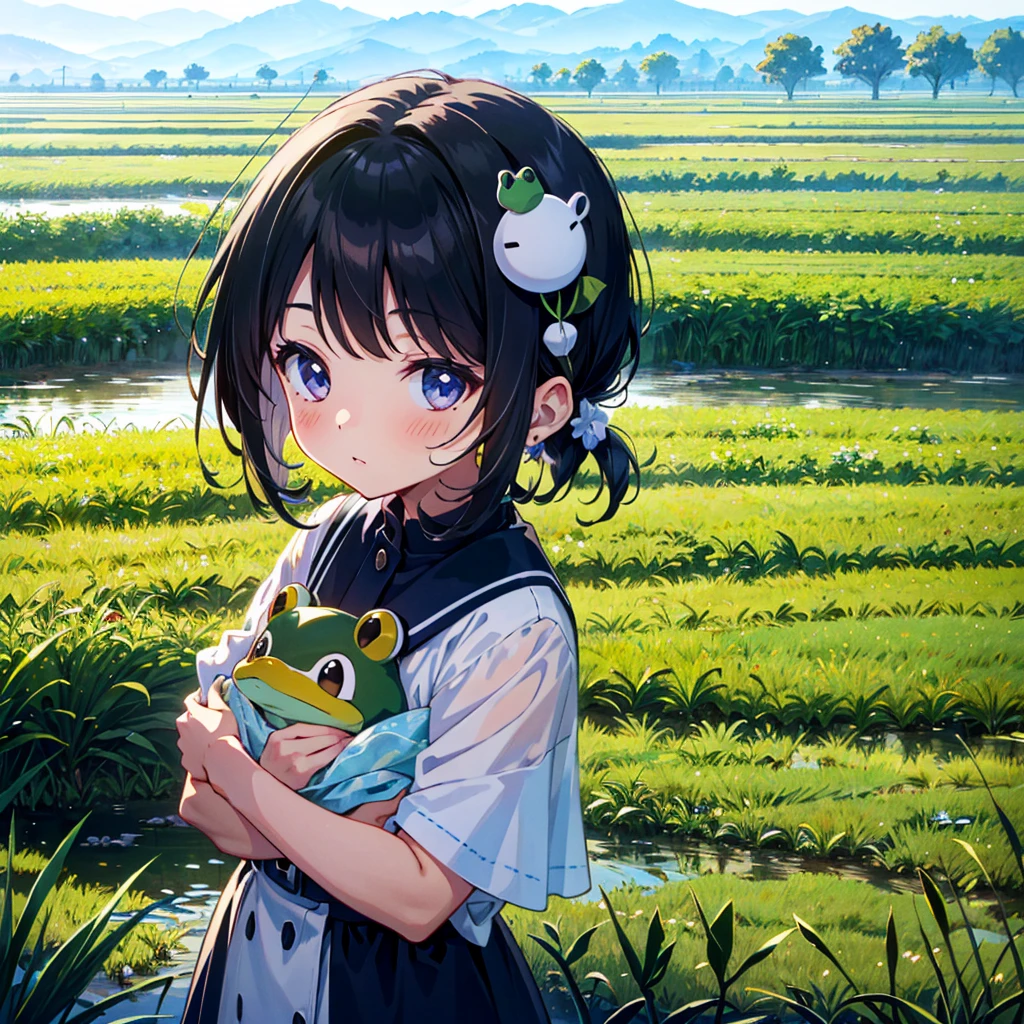 
{{{Masterpiece, highest quality, high-resolution background}}}, bright and beautiful atmosphere, 1 girl (, round face, baby face), small breasts, vast rice fields and ripe ears of rice, clothes for working in the fields, a lot A girl holding an ear of rice, a frog hanging from an ear of rice, ``Deltamon_sdXL'':0.73)>Deltamon''