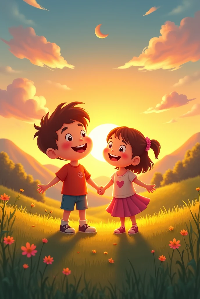 Good times, boy and girl, happiness, sunset, meadows, beautiful sunset with moon, clear skies with some clouds, nature, vibrant colors.