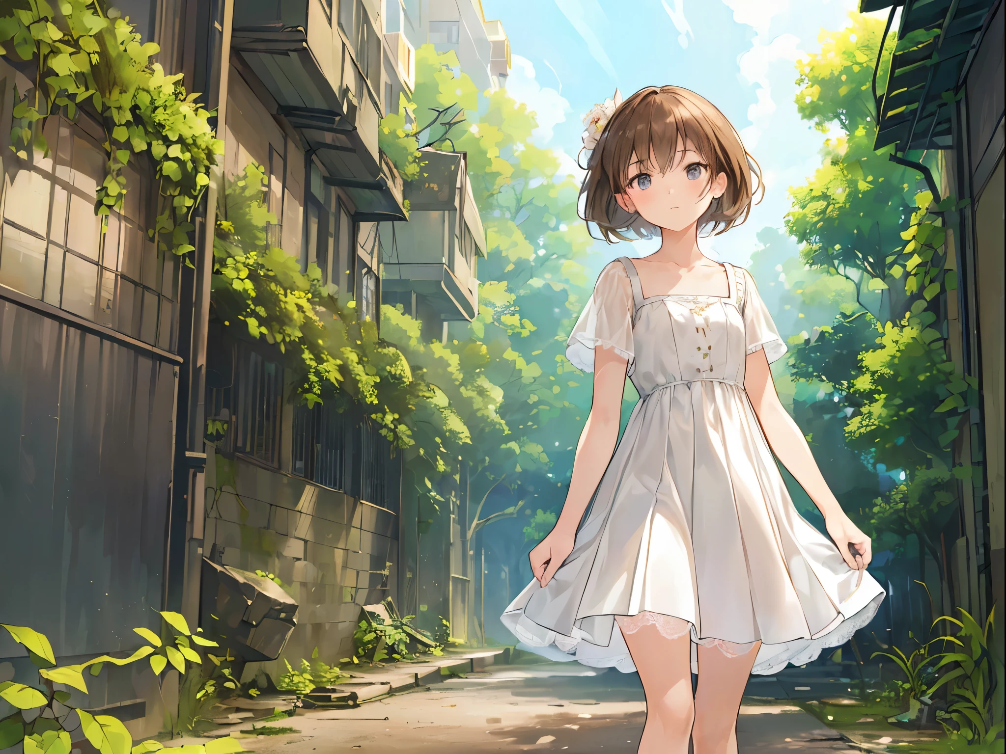 (masterpiece:1.2), best quality, highres, original, (extremely detailed:1.2), ultra-detailed, wallpaper, perfect lighting,(extremely detailed CG:1.2), 8k, anime illustration, 1boy, solo, crossdressing, (brown hair, Bob hairstyle,haircut:1.1), (white knee-length dress, summer dress, pleated dress, short sleeves, lace hemline, black line bottom the dress, delicate dress, flat chest:1.2), walking in urban ruins, (urban ruins filled with natural vibes:1.2), (anatomically correct:1.5), full body, (cityscape background:0.8), overgrown plants, crumbling buildings, sunlight filtering through trees, peaceful expression, sunny
