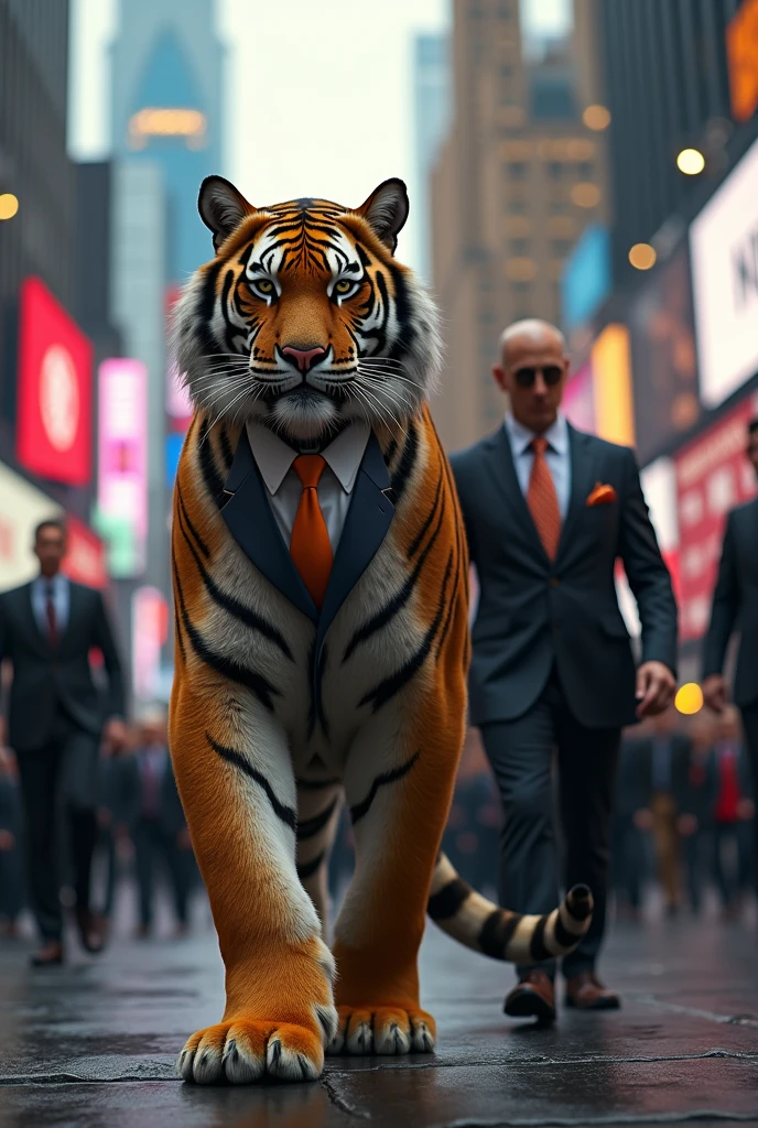 Tiger as a billionaire walking in times square with bodyguard 