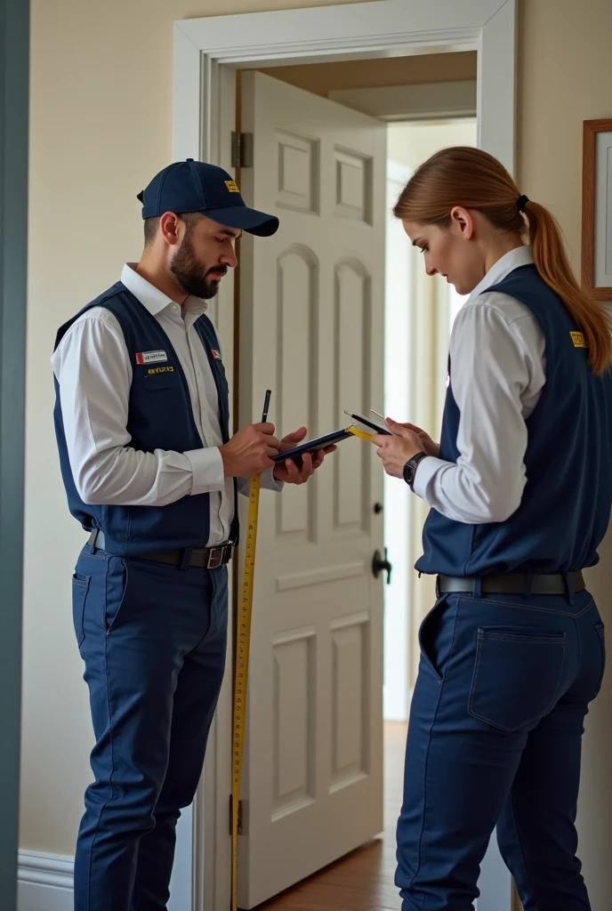 Create a professional and realistic image for an online store that offers door installation and maintenance services, focusing on a site visit for measurement and consultation. The image should depict a skilled consultant or technician visiting a residential home, measuring the doorway with a tape measure, and discussing options with the homeowner. The consultant should be dressed in branded, professional attire, holding a notepad or tablet to take notes and provide recommendations. The setting should be a modern, well-maintained interior, with the focus on the interaction between the consultant and the customer, emphasizing the personalized service. Subtle branding elements, such as logos on the consultant’s uniform or tablet, should be included to reinforce the company’s identity. The overall scene should convey professionalism, expertise, and a customer-focused approach to door installation services.