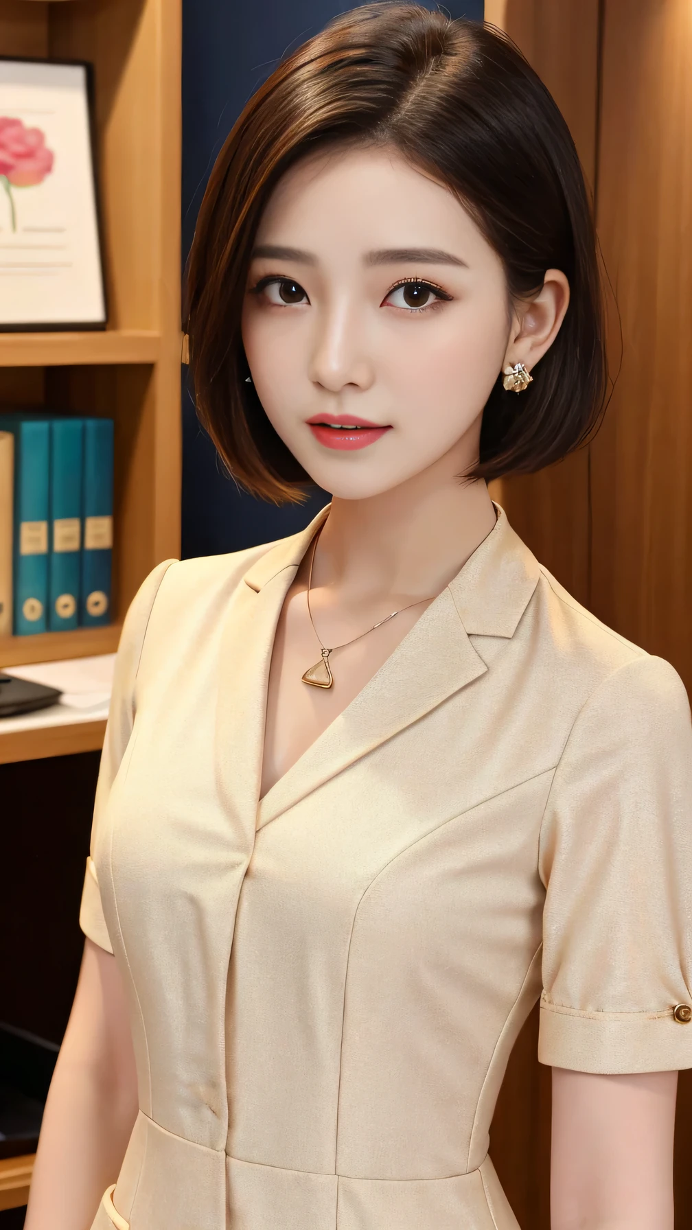 High resolution, Very detailed, Intricate details, 、ear piercing、Expressionless、short hair、Black Hair、Please open your mouth a little、Clear beauty,(High quality fabric, Office Lady Suits 、Necklace around the neck、, The background is the office