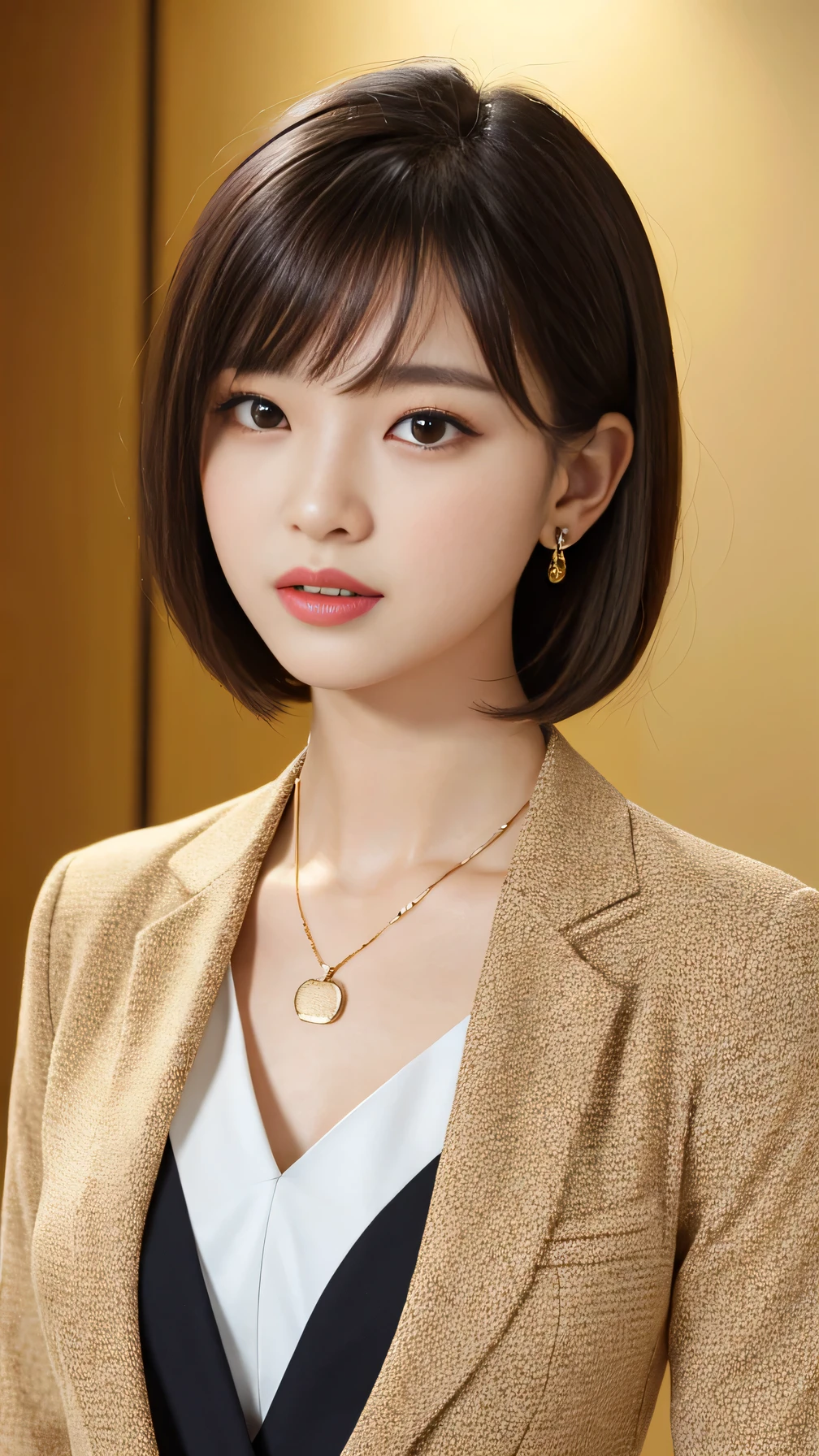 High resolution, Very detailed, Intricate details, 、ear piercing、Expressionless、short hair、Black Hair、Please open your mouth a little、Clear beauty,(High quality fabric, Office Lady Suits 、Necklace around the neck、, The background is the office