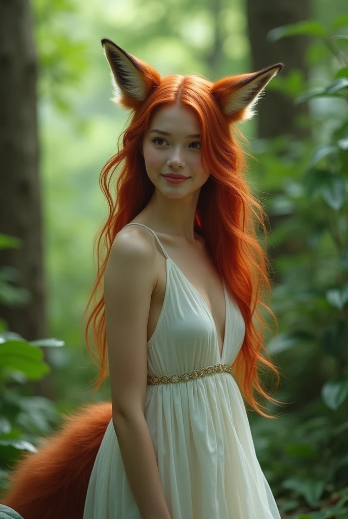 Award-winning digital art of a beautiful woman with fox ears and 9 tails, (redhead hair), fur, In a dense forest, Fantasy, D&Amp;D, tmasterpiece, beste-Qualit, High contrast, soft-lighting, back light, flowering, Light shine , Chromatic aberrations, fluent, sharp-focus