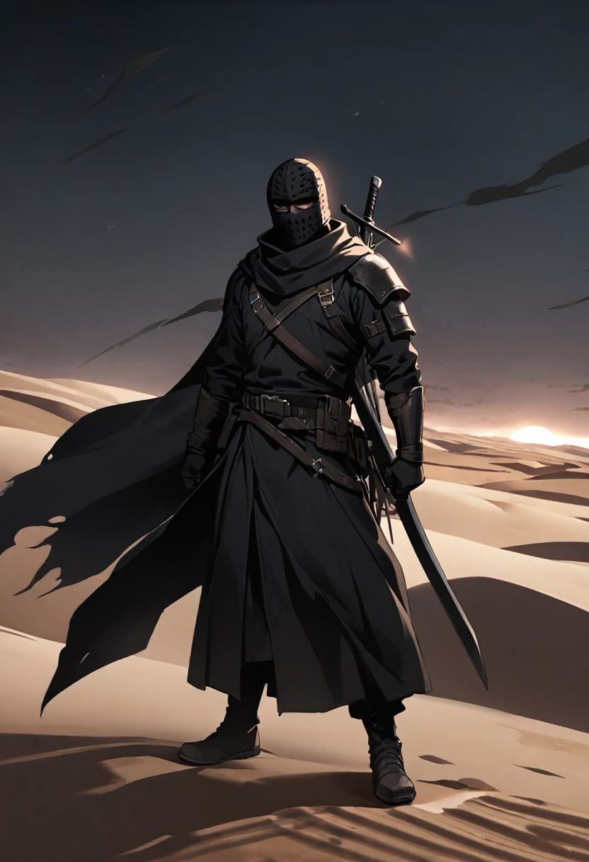 Male, black balaclava, solo, black clothes, warrior, black flag behind, desert, dark, night