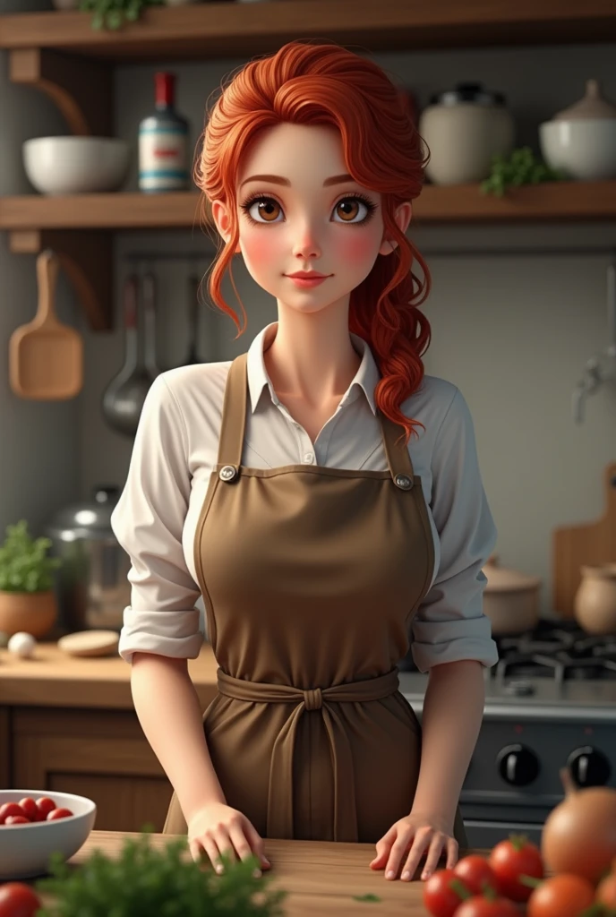 a real white woman, with medium wavy red hair with an apron, hair tied up and a kitchen as the setting (Photorealism) 