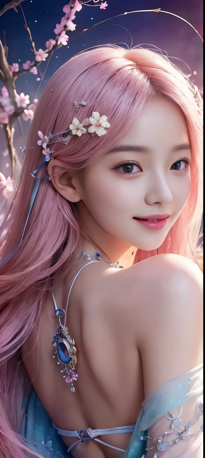 (masterpiece, top quality, best quality, official art, beauty and aesthetics: 1.2), (1 girl), korean, (laugh), very detailed, fancy, The best details, Integrated 8K wallpaper, very detailed, beautiful, light pink hair color, (tangled, flower, mandala, tangled, entangled), Water Art, Surround, entangled, really, Sci-Fi background