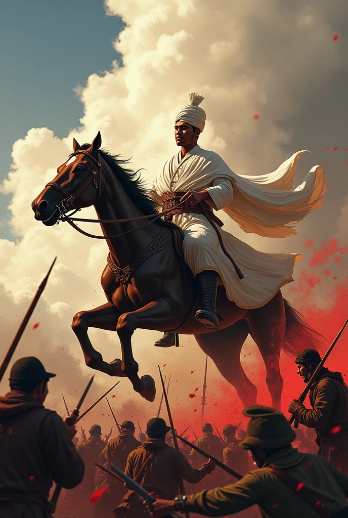 Create an illustration of a historical battle scene featuring Prince Diponegoro, a key figure in the Indonesian struggle against colonial forces. Prince Diponegoro should be depicted in a white traditional outfit, holding a kris (dagger) and riding a horse. He is leading his troops in a fierce confrontation against colonial soldiers, with a dramatic and dynamic atmosphere highlighting the intensity of the battle. The prince wears a turban on his head and a blood red war aura. Gambar sedang galam lokasi pertemouran, tambahkanadegan tertembak dan lain lain yg menggambarkan pertarungan sengit, pasukan pangeran diponegoro adalah rakyat biasa melawan kolonial, buat kudanya melompat dan bentuk gambar landscape. Buat pangeram diponegoro menggunakan sorban warna putih, tambahkan ekspresi kesulitan dan menggunakan keris