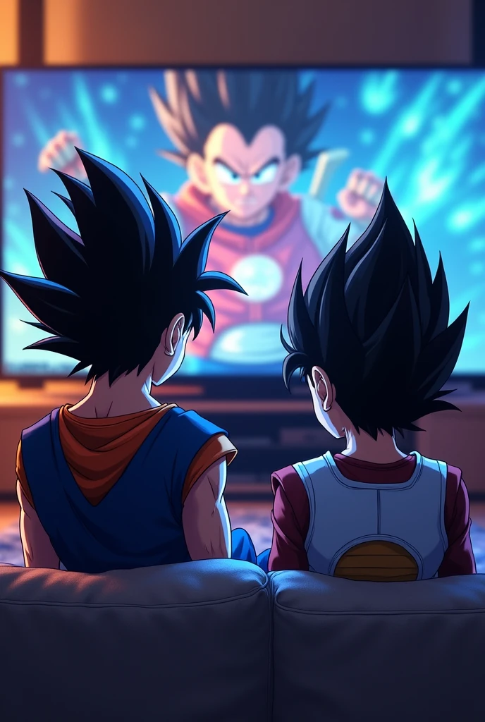 Draw Goku and Vegeta from Dragon Ball anime playing together on PlayStation 5 and they are enjoying playing together