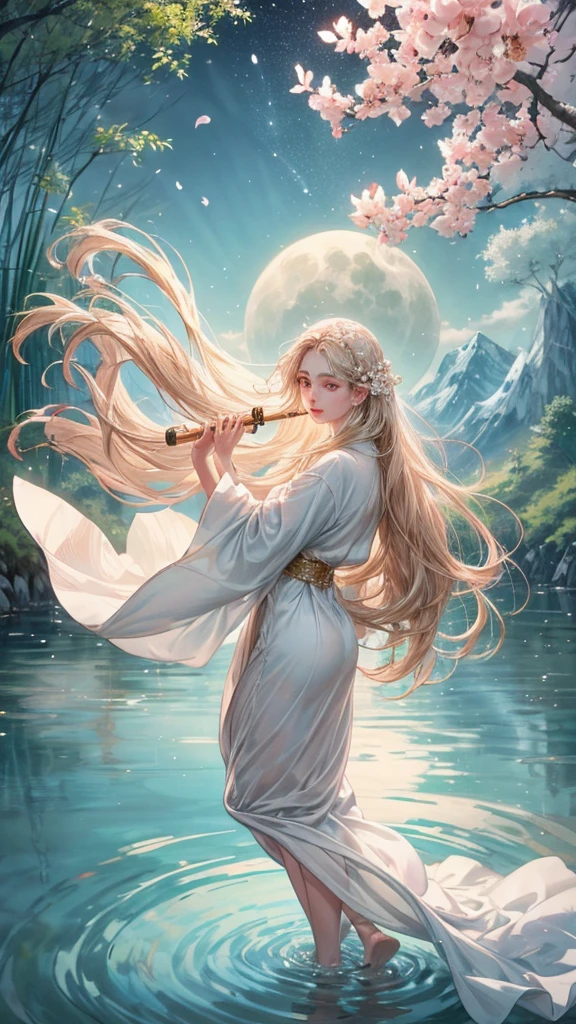 Chai Hong stands amidst a breathtaking and surreal natural landscape. A full moon casts a soft, luminous glow upon the night. Moonlight bathes the mountains and crystal-clear lake, reflecting its brilliance like a mirror. The water's surface is smooth and still, like a mirror reflecting the sky and thousands of stars. 

Chai Hong stands on the water, adorned in a pure white robe that flows like a cloud. Each step he takes on the water creates gentle ripples that spread outward. His face is sculpted from pure jade, with large, star-like eyes, a refined nose, and pink lips that complement his fair complexion. His long hair, like spun gold, dances in the soft breeze.

Behind him rise towering mountains and large trees with vibrant green leaves. Some trees are adorned with blooming flowers, their white and pink petals gently drifting down like a light snowfall. This adds to the beauty and tranquility of the atmosphere.

In Chai Hong's hand, he holds a light brown bamboo flute adorned with intricate patterns. The flute is the only touch of color in this otherwise pure white scene. The music that flows from his lips is soft yet powerful, like a celestial melody descending to earth. The water ripples in response to the music, creating gentle and graceful movement. The entire atmosphere is filled with beauty and peace, as if time has stopped to allow the world to savor the heavenly melodies that pour forth from Chai Hong's flute.