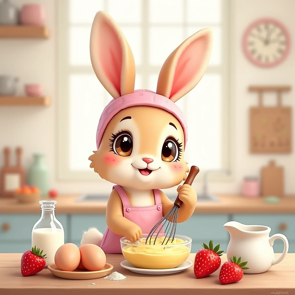 light brown bunny, female, big brown eyes, eye lashes, wearing pink apron, whisking yellow batter, simple kitchen bokeh background, baking, watercolor style, detailed fur, wearing pink headband, sweet bunny face, pink cheeks, eggs on the table, flour jar on the table, milk on the table, bunny ears up, happy face, smile, ears fully visible, eyes looking at the cake batter, strawberries on the table, make the scene wide
