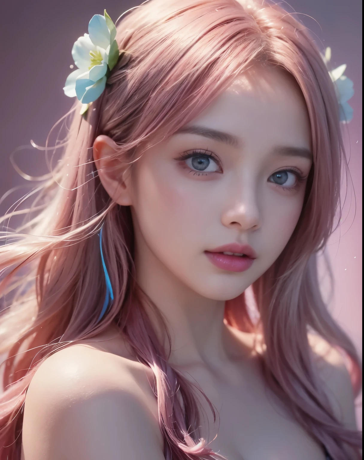 1 woman,flower, lisianthus ,In light pink and light blue styles, Dreamy and romantic composition, Pale pink, Subtle foliage, playful preparation,fancy, high contrast, ink strokes, explosion, overexposure, Violet and red tones ,negative space, RAW photos, realistic:1.6, quality:1.5, 8k, masterpiece:1.3, super fast:1.0, sharp focus:1.2, Highly detailed face and skin texture, detailed eyes, double eyelid, Perfect facial balance, pink hair, beautiful studio soft lighting, rim light, Vibrant details, surreal, octane render, detailed beautiful skin, realistic skin