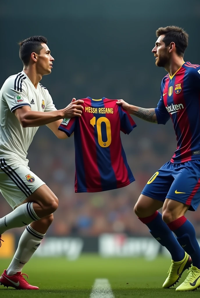 Cristiano Ronaldo and Messi catching  jersey with name Makesh Reang on one hand 