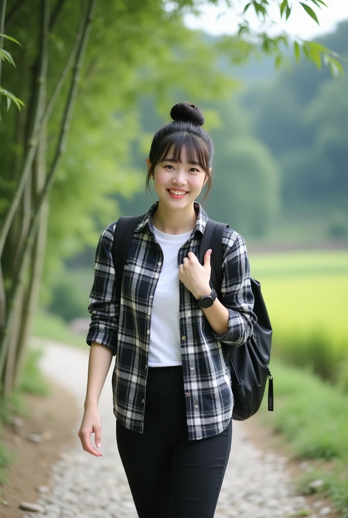a beautiful korean woman, smooth white skin, clean well maintained face,Korean style black hair bun, bangs .black and white checkered shirt,, White shirt, celana cropped hitam,,black sneakers, black cool watch, backpack, Face walking smiling, down the rocky path, There are bamboo trees on the left and right of the road ,Background,beautiful village looks very amazing lush rice fields real realistic photo. 