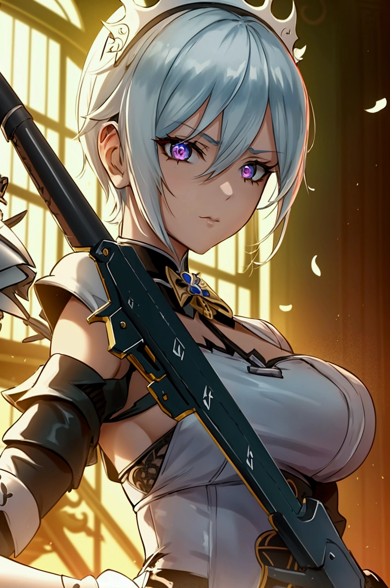 one girl, dynamic pose, extremely detailed, simple colors, holding weapon, battle maid, beautiful, anime style, psychopath like theme, short white hair, full body, intricate details, dramatic lighting, cinematic composition, high contrast, vibrant colors, chiaroscuro, digital art, concept art, masterpiece, , HDR,, detaled outfit,  show full body, genshin style