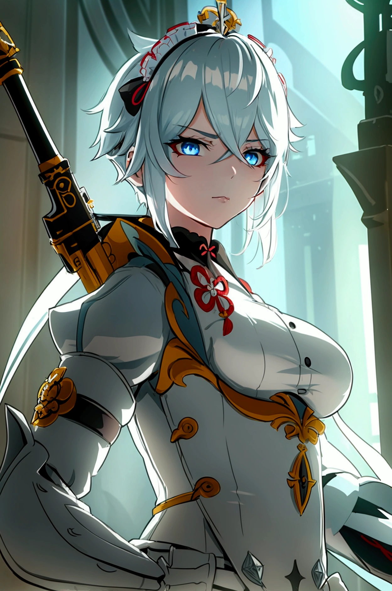 one girl, dynamic pose, extremely detailed, simple colors, holding weapon, battle maid, beautiful, anime style, psychopath like theme, short white hair, full body, intricate details, dramatic lighting, cinematic composition, high contrast, vibrant colors, chiaroscuro, digital art, concept art, masterpiece, , HDR,, detaled outfit, show full body, genshin style