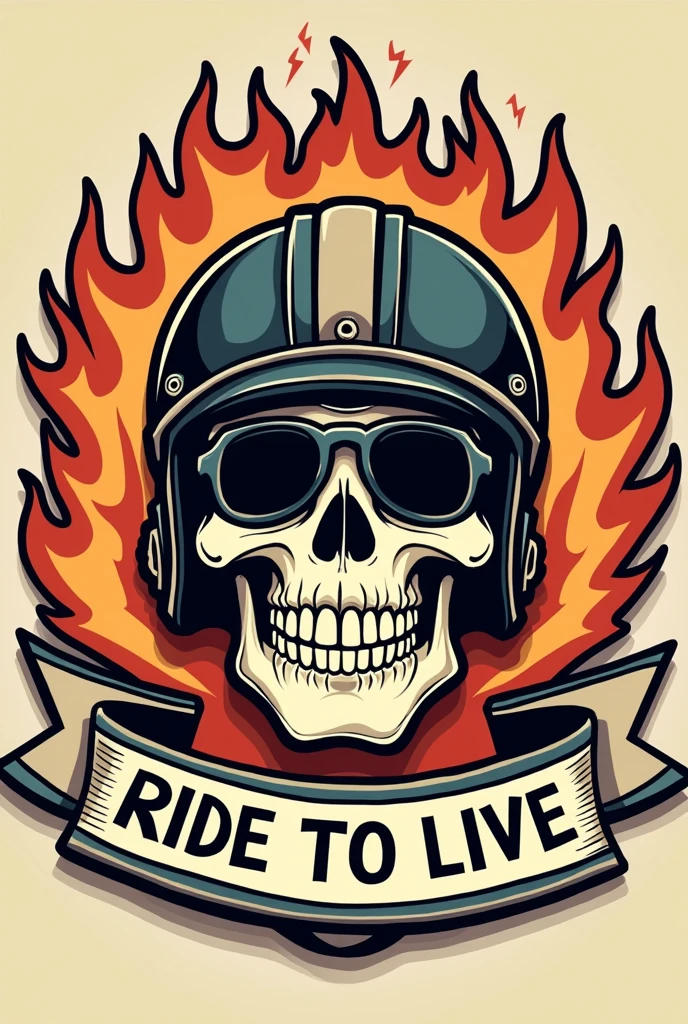 Written motorcycle club emblem "IRON HORSE" with a fun skull wearing a helmet with dark glasses in a 50's cartoon style, fire or lightning with funny smoke, underneath there is a ribbon written "Ride to Live, Live to Ride"