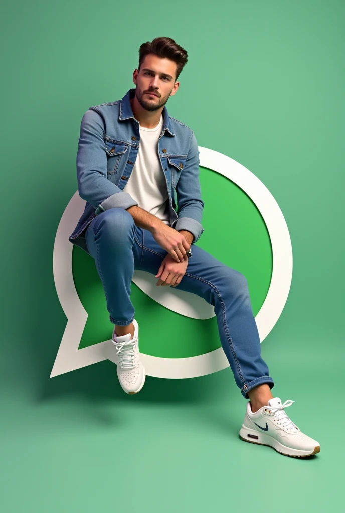 créez une illustration 3D d'un personnage aimée Assis de manière décontracté au-dessus d'un logo de media social « WhatsApp » le personnage doit porter des vêtements moderne et décontracté qu'une veste en jean et des chaussures de sport Nike air de couleur blanche l'arrière-plan de l'image est une page de profil de media social avec un nom d'utilisateur "Raoul Tarno/ 24k abonné" et une photo de profil qui correspond,