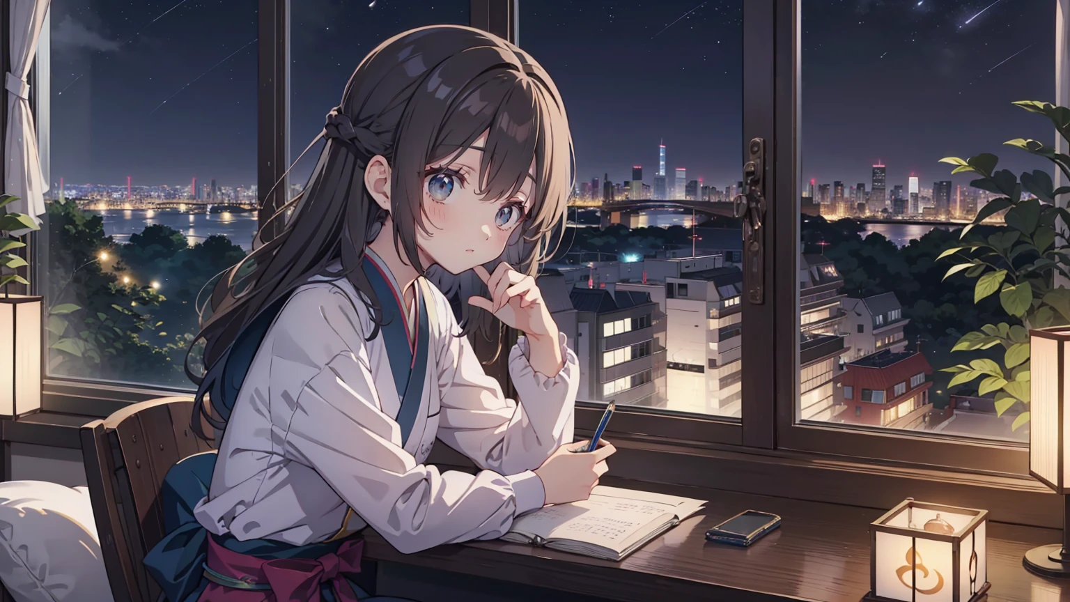 Beautiful Japanese teenage woman writing in a diary in a window seat, the night city outside the window, landscape screen size

